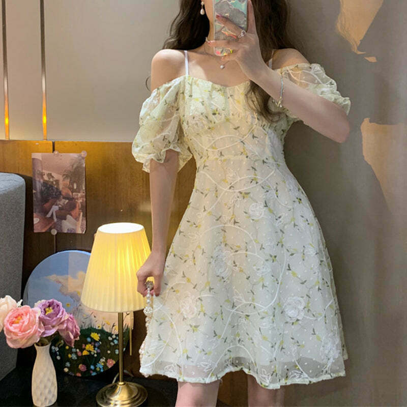 Gen Z K-POP Streetwear: Trendy Floral Suspender Dress for Y2K Style