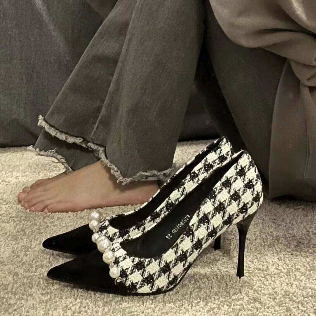 Gen Z K-POP Streetwear: Trendy Houndstooth High-Heeled Stilettos