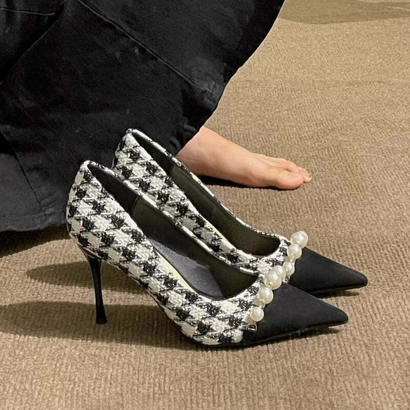 Gen Z K-POP Streetwear: Trendy Houndstooth High-Heeled Stilettos