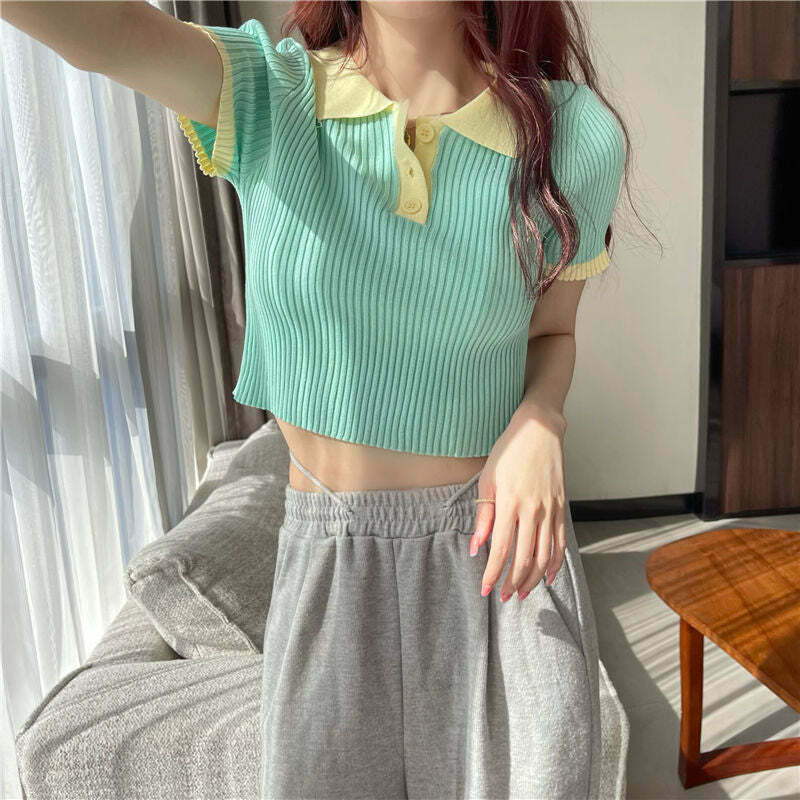 Gen Z K-POP Streetwear: Trendy Knitted Cropped Polo Tee