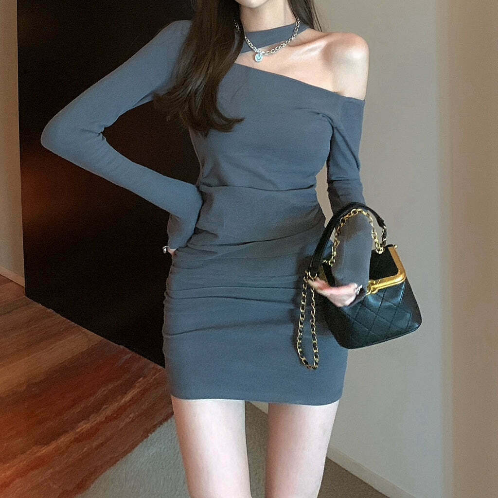 Gen Z K-POP Streetwear: Trendy Oblique Shoulder Pleated Dress