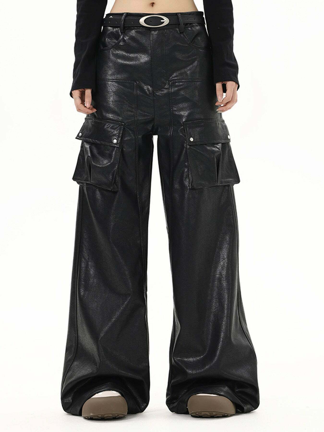 Gen Z K-POP Streetwear: Trendy PU Leather Cargo Pants for Y2K Style