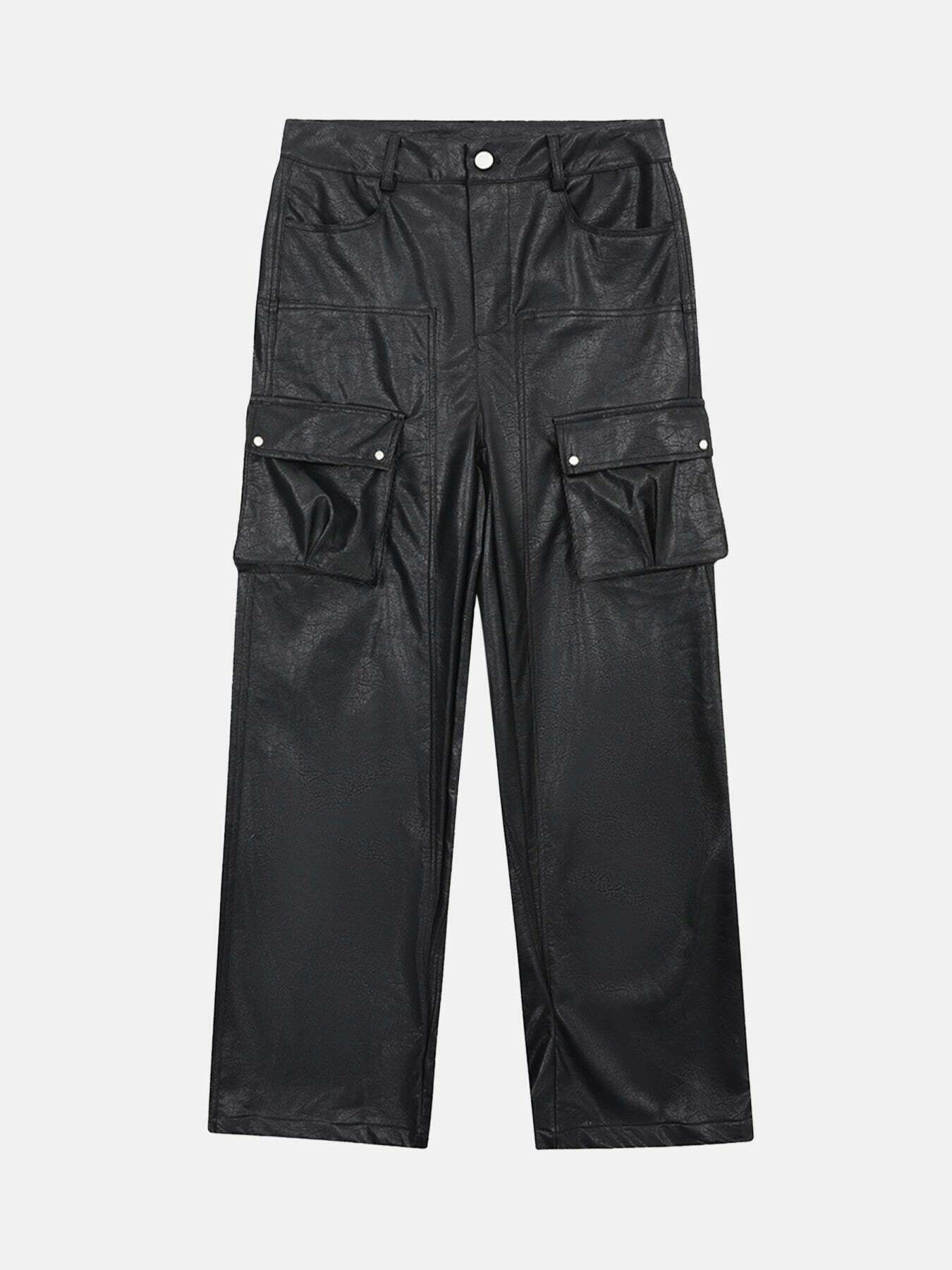 Gen Z K-POP Streetwear: Trendy PU Leather Cargo Pants for Y2K Style