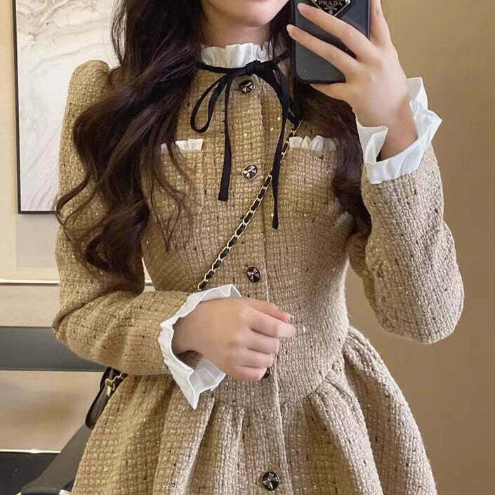 Gen Z K-POP Streetwear: Tweed Bell-Sleeve Dress