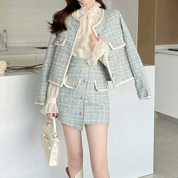 Gen Z K-POP Streetwear: Tweed Blazer Top with Irregular Skirt