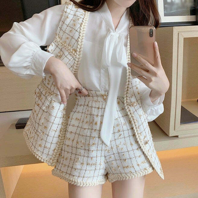 Gen Z K-POP Streetwear: Tweed Vest Coat & Shorts Set