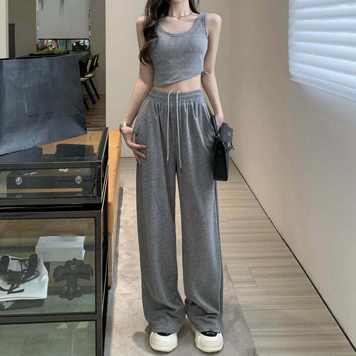 Gen Z K-POP Streetwear: U-Neck Crop Top & Wide-Leg Knit Pants Set