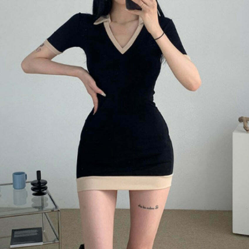 Gen Z K-POP Streetwear V-Neck Bodycon Dress with Short Sleeves