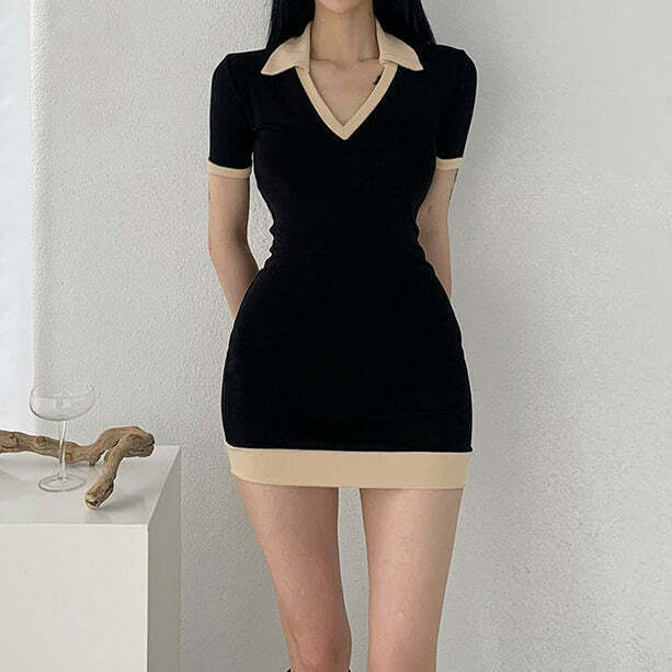 Gen Z K-POP Streetwear V-Neck Bodycon Dress with Short Sleeves