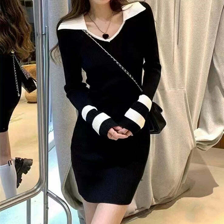 Gen Z K-POP Streetwear: V-Neck Long-Sleeve Knit Dress