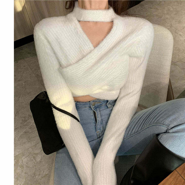 Gen Z K-POP Streetwear: V-Neck Long-Sleeve Knit Sweater