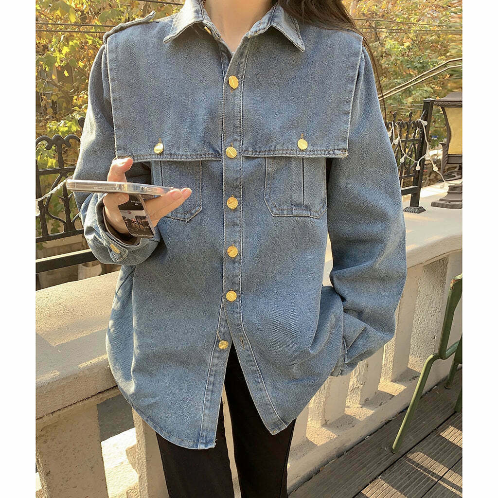 Gen Z K-POP Streetwear: Vintage Denim Shirt with Shawl Collar