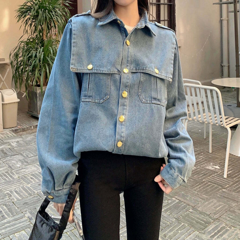 Gen Z K-POP Streetwear: Vintage Denim Shirt with Shawl Collar