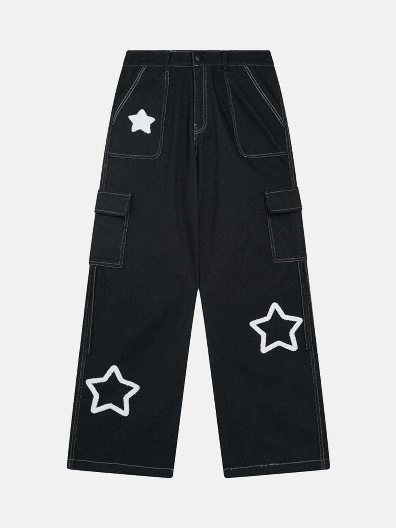 Gen Z K-POP Streetwear: Vintage Pentagram Multi-Pocket Work Pants