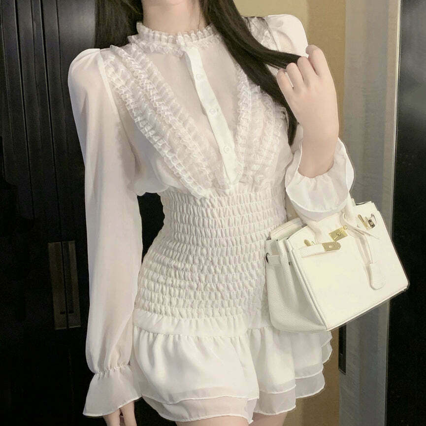 Gen Z K-POP Streetwear: White Chiffon Long Sleeve Mini Dress