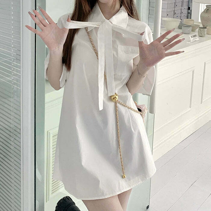 Gen Z K-POP Streetwear: White Short Sleeve Tie Shirt Dress