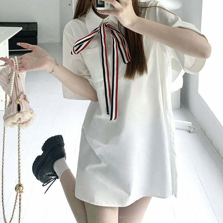 Gen Z K-POP Streetwear: White Short Sleeve Tie Shirt Dress