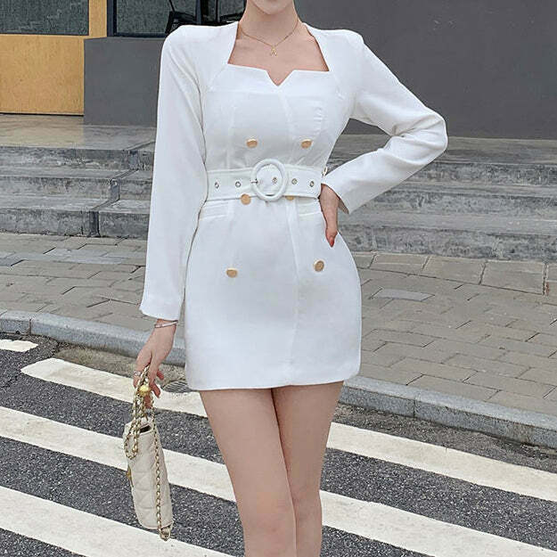 Gen Z K-POP Streetwear: White Square Neck Belted Long Sleeve Dress