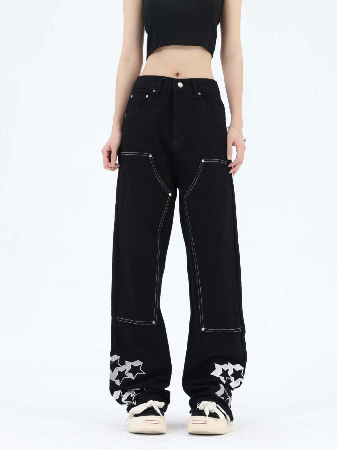 Gen Z K-POP Streetwear: Willow Nail Star Embroidered Jeans