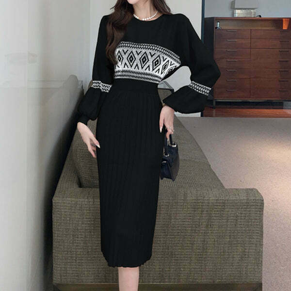 Gen Z K-POP Streetwear Y2K Knit Round Neck Sweater Dress