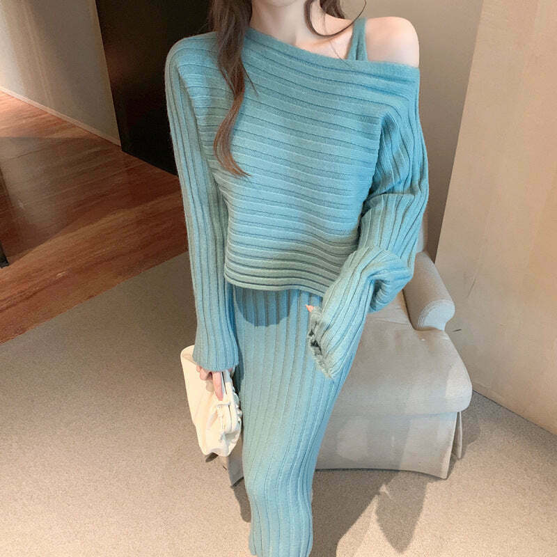 Gen Z K-POP Streetwear Y2K Long Sleeve Knit Dress Set