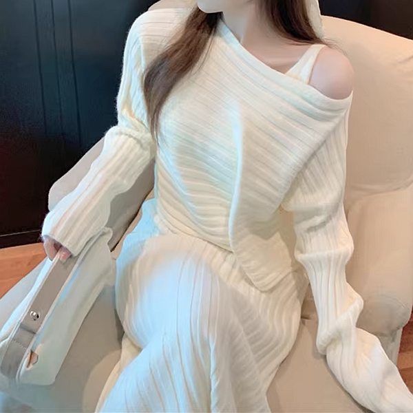 Gen Z K-POP Streetwear Y2K Long Sleeve Knit Dress Set