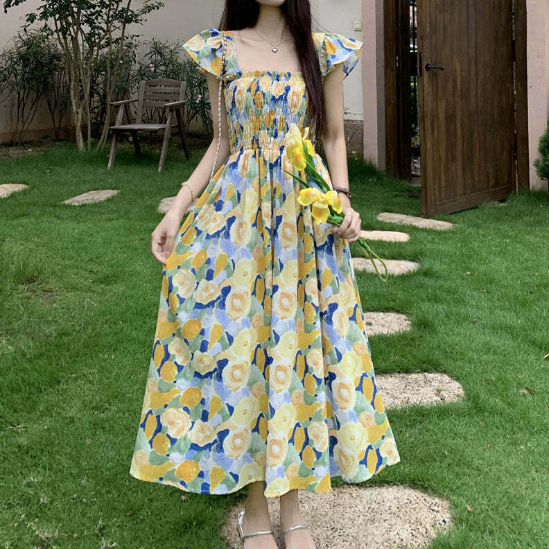 Gen Z K-POP Streetwear: Yellow Floral A-Line Dress with Flying Sleeves