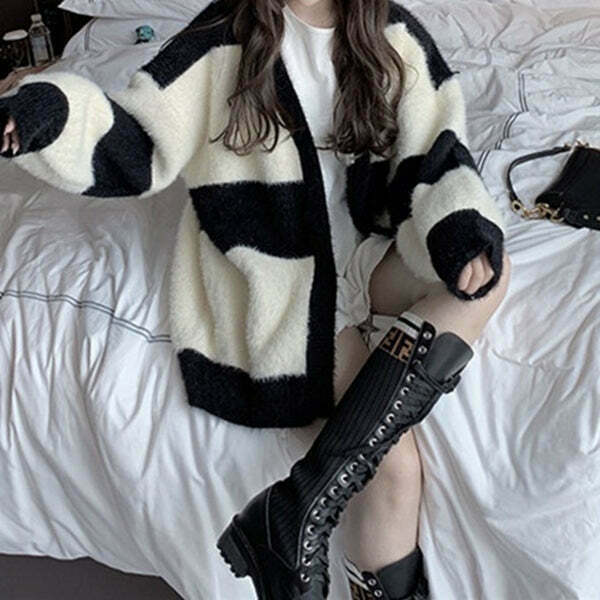 Gen Z K-POP Striped Colorblock Knit Sweater Cardigan for Y2K Style