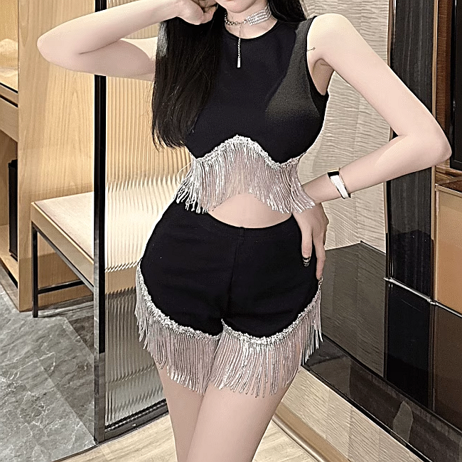 Gen Z K-POP Tassel Sleeveless Top & High Waisted Shorts Set