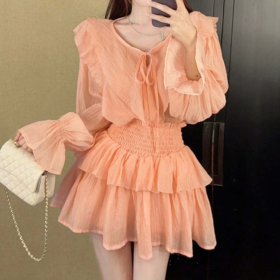 Gen Z K-POP Trumpet Sleeve Shirt & High Waist Cake Skirt Set