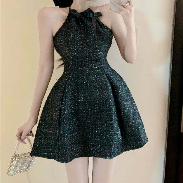 Gen Z K-POP Tweed Halter Bodycon Dress for Y2K Streetwear