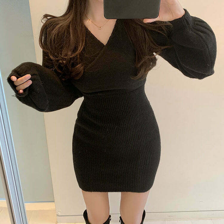 Gen Z K-POP V-Neck Knit Sweater Dress for Y2K Streetwear Style