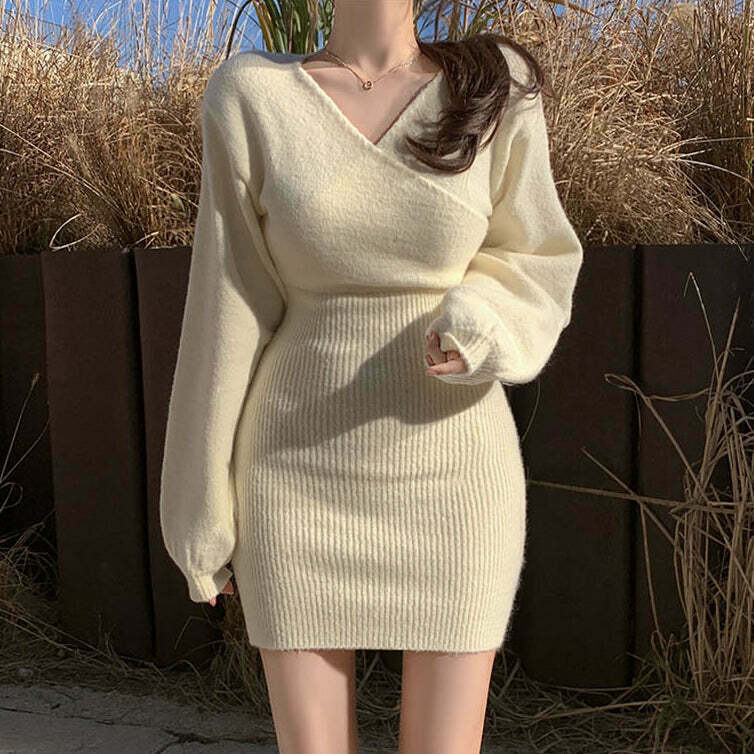 Gen Z K-POP V-Neck Knit Sweater Dress for Y2K Streetwear Style