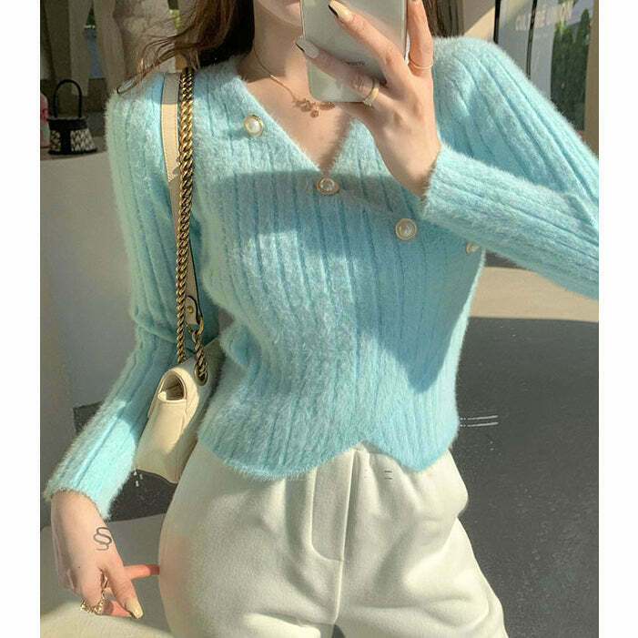 Gen Z K-POP V-Neck Knit Sweater with Slit Detail