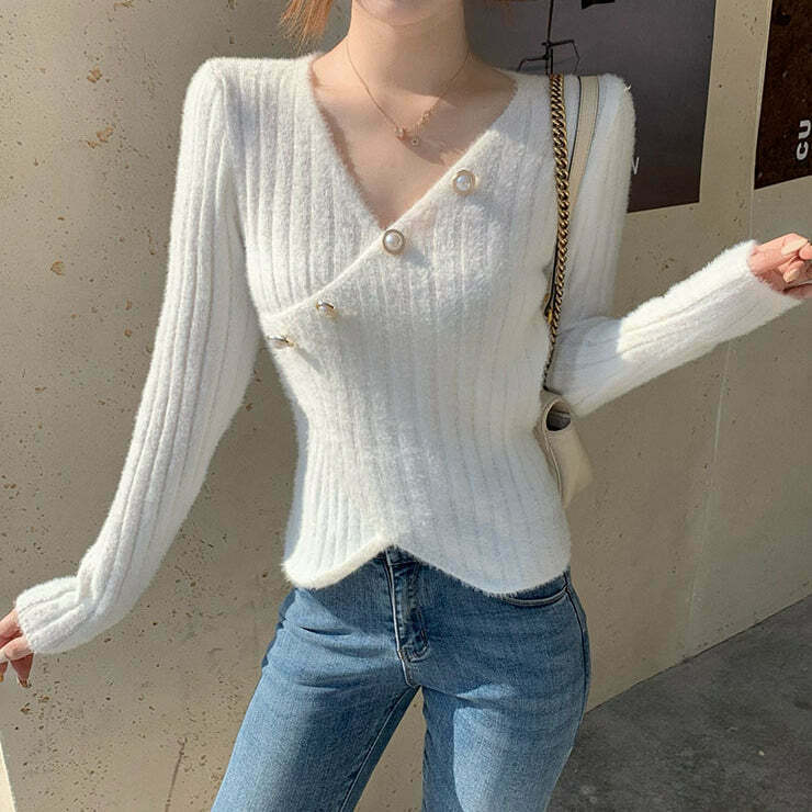 Gen Z K-POP V-Neck Knit Sweater with Slit Detail