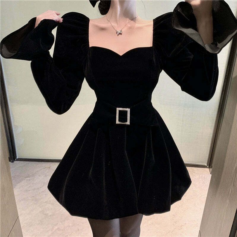 Gen Z K-POP Y2K Black Dress with Trumpet Sleeves & Velvet Square Neck