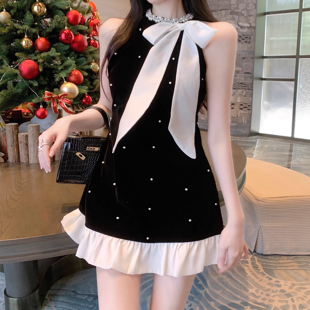 Gen Z K-POP Y2K Black Polka Dot Sleeveless Dress