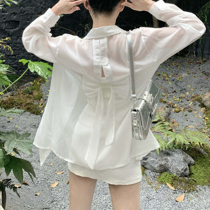 Gen Z K-POP Y2K Bow Back Loose Shirt Top for Streetwear Style