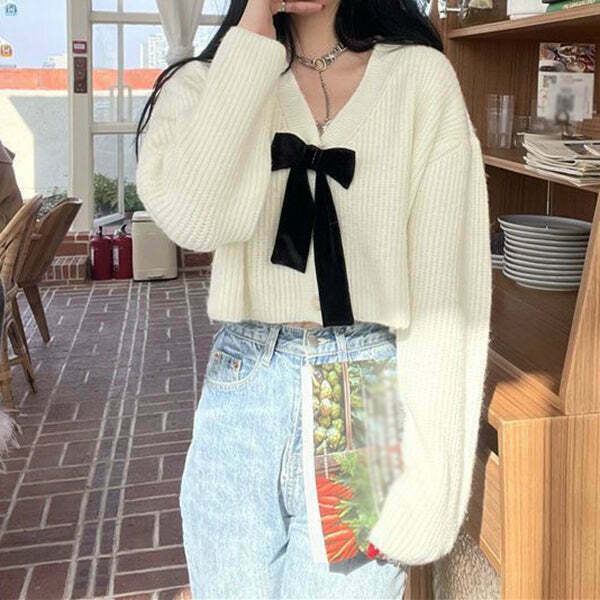 Gen Z K-POP Y2K Bow Cropped V-Neck Knit Cardigan