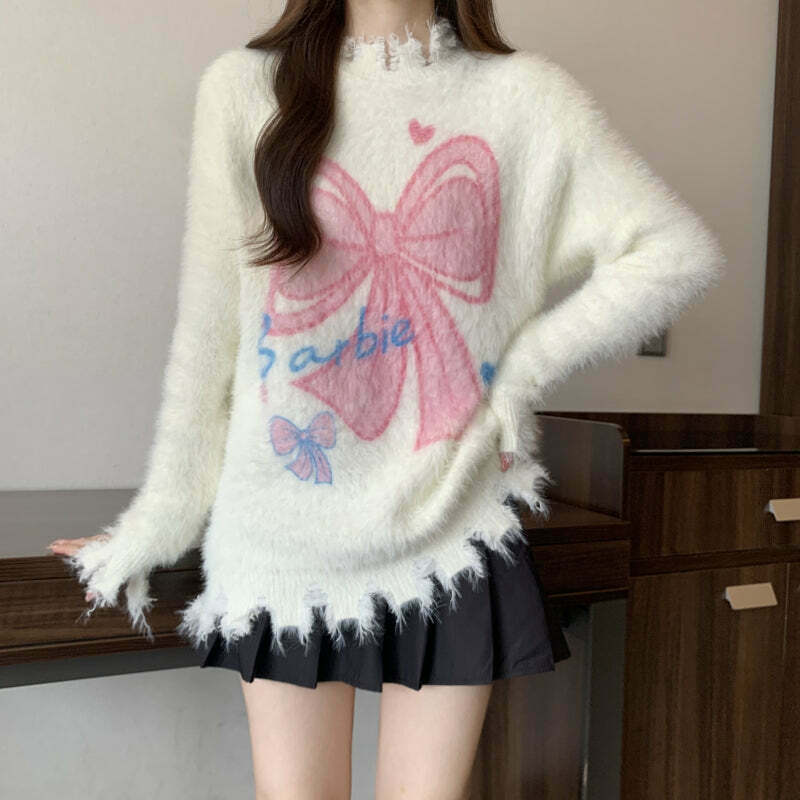 Gen Z K-POP Y2K Bow Mohair Sweater Streetwear Top