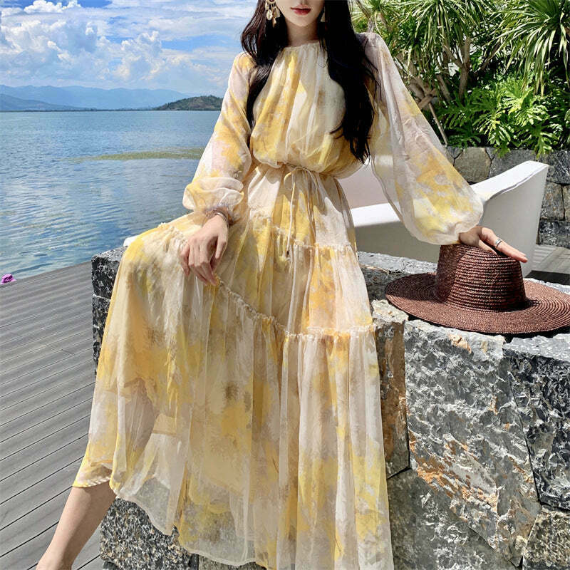 Gen Z K-POP Y2K Floral Chiffon Long-Sleeve Dress for Streetwear Style