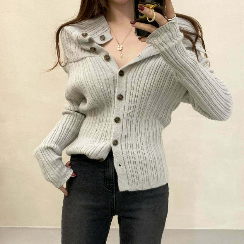 Gen Z K-POP Y2K Knit Cardigan: Off-Shoulder Single-Breasted Style