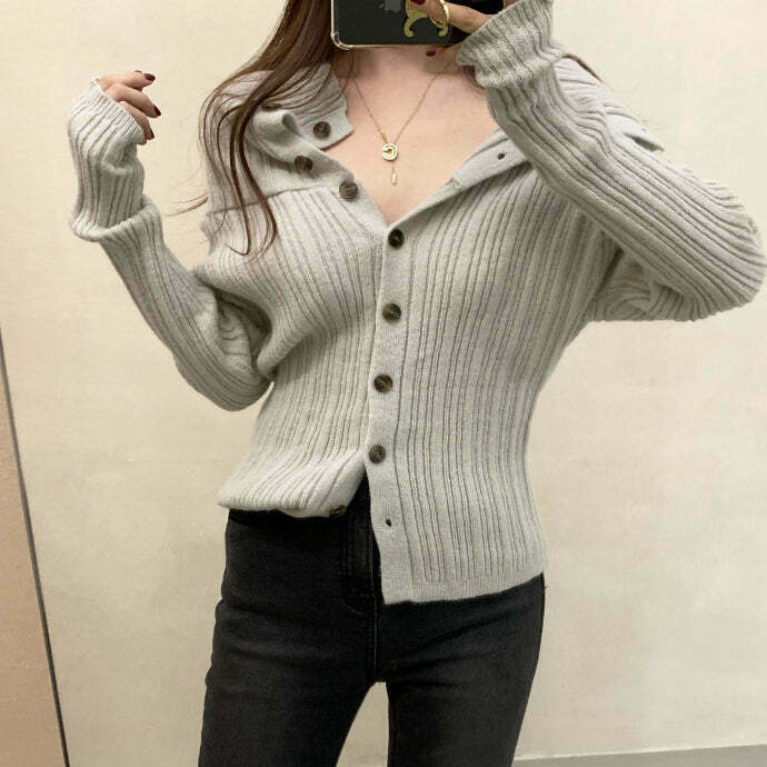 Gen Z K-POP Y2K Knit Cardigan: Off-Shoulder Single-Breasted Style