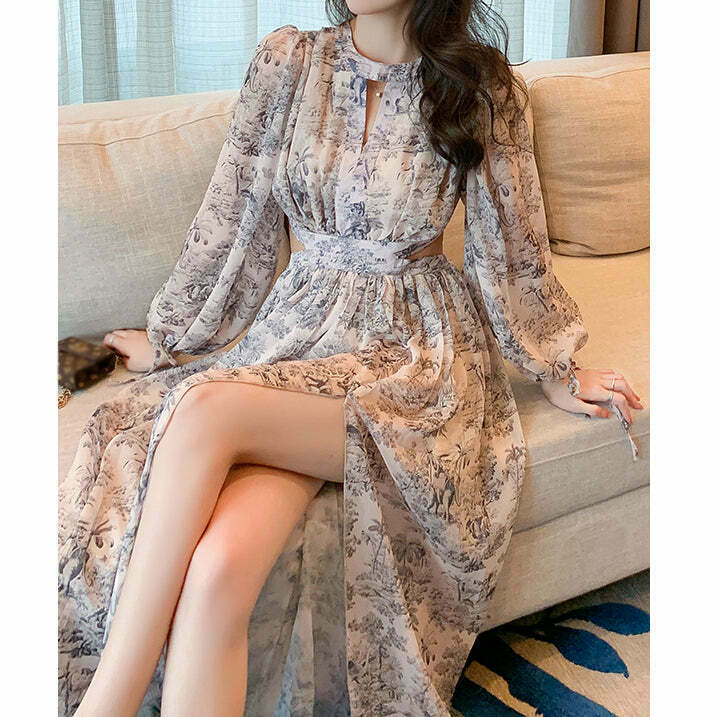 Gen Z K-POP Y2K Long Sleeve Floral Chiffon Dress