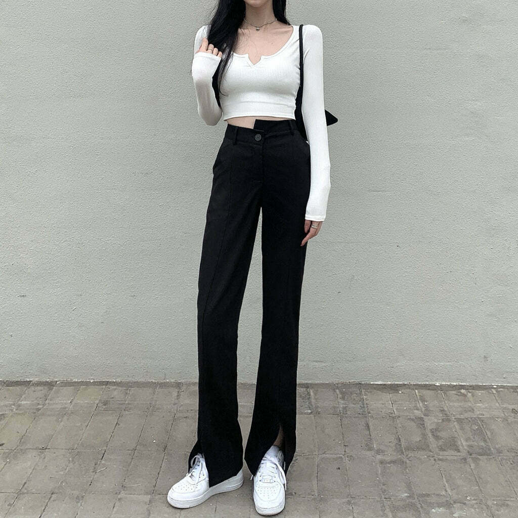 Gen Z K-POP Y2K Split Trousers: Trendy High-Waist Streetwear