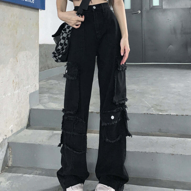 Gen Z K-POP Y2K Streetwear Cargo Jeans with Raw-Edge Pockets