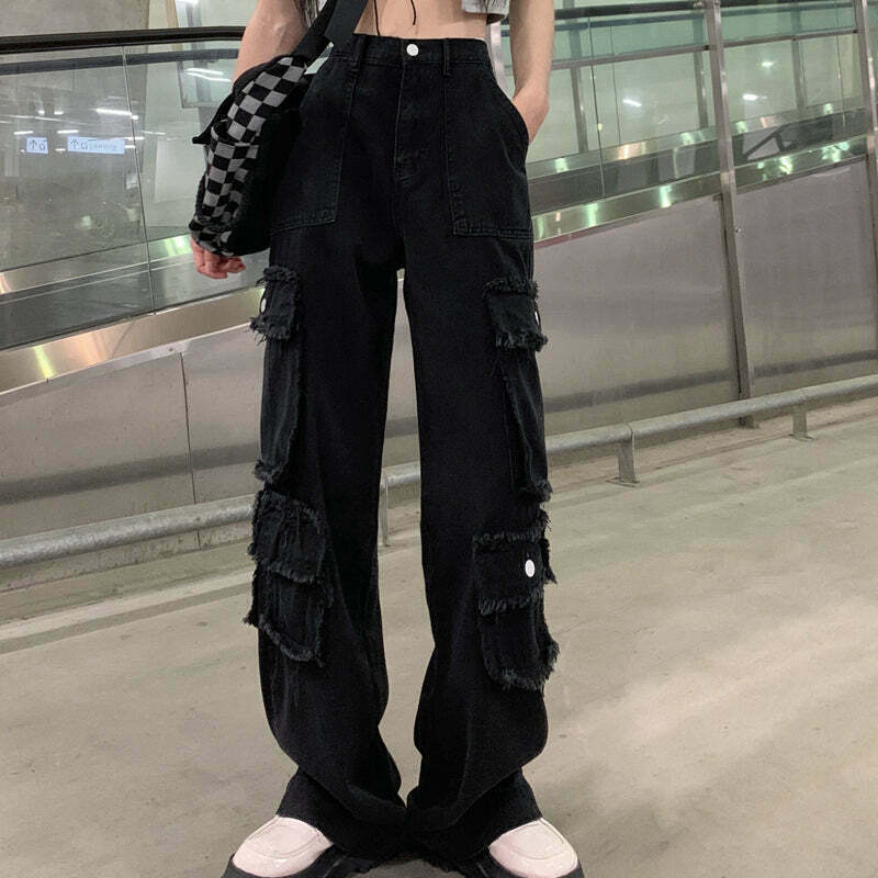 Gen Z K-POP Y2K Streetwear Cargo Jeans with Raw-Edge Pockets