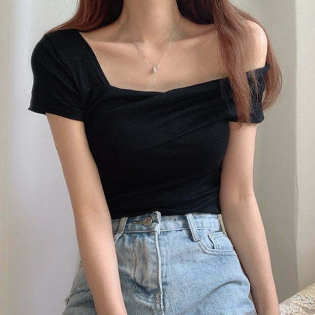 Gen Z K-POP Y2K Streetwear Off-Shoulder Collar Top