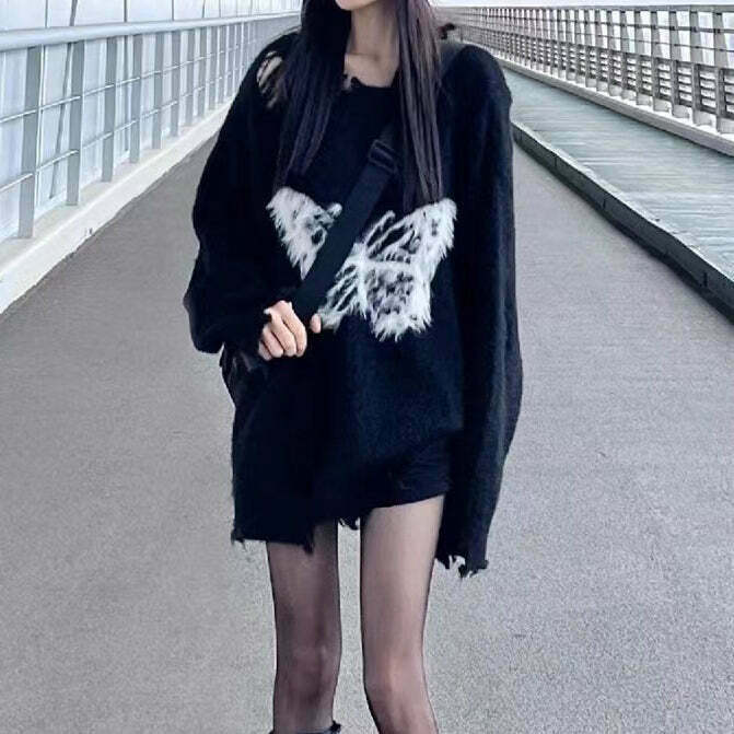 Gen Z Knitted Butterfly Sweater: Black Mohair Ripped Top