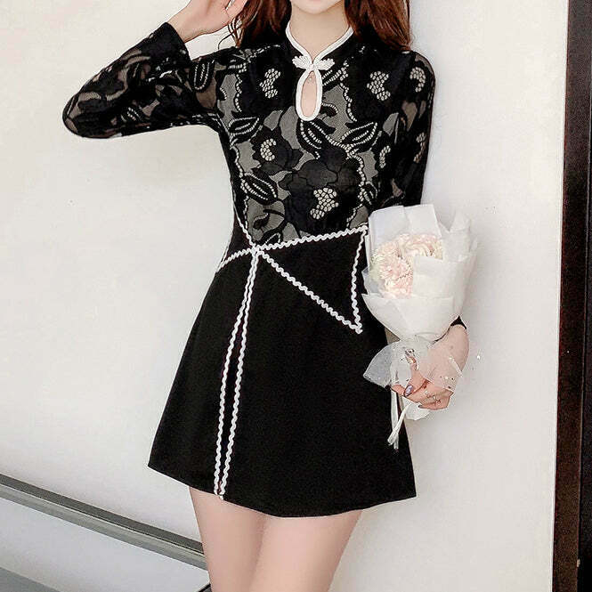 Gen Z Lace Long-Sleeve Cheongsam Dress Shorts Set for K-POP Streetwear Style